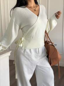 Sunnyshic Plus Size Women Elastic Fitted Tie Bow Knit Cardigan, Suitable For Daily Commute, Indoor And Outdoor Wear, Best Christmas Gift, Spring, Summer, Fall, Winter, Spring/Fall, Fall/Winter,Plus Size Beige Knitwear Cardigan V Neck Wrap Design Long Drop Shoulder Sleeves Short Length Casual Style,Chic Plus Size Beige V Neck Wrap Cardigan Short Knitwear With Drop Shoulder Long Sleeves - Beige - View 4