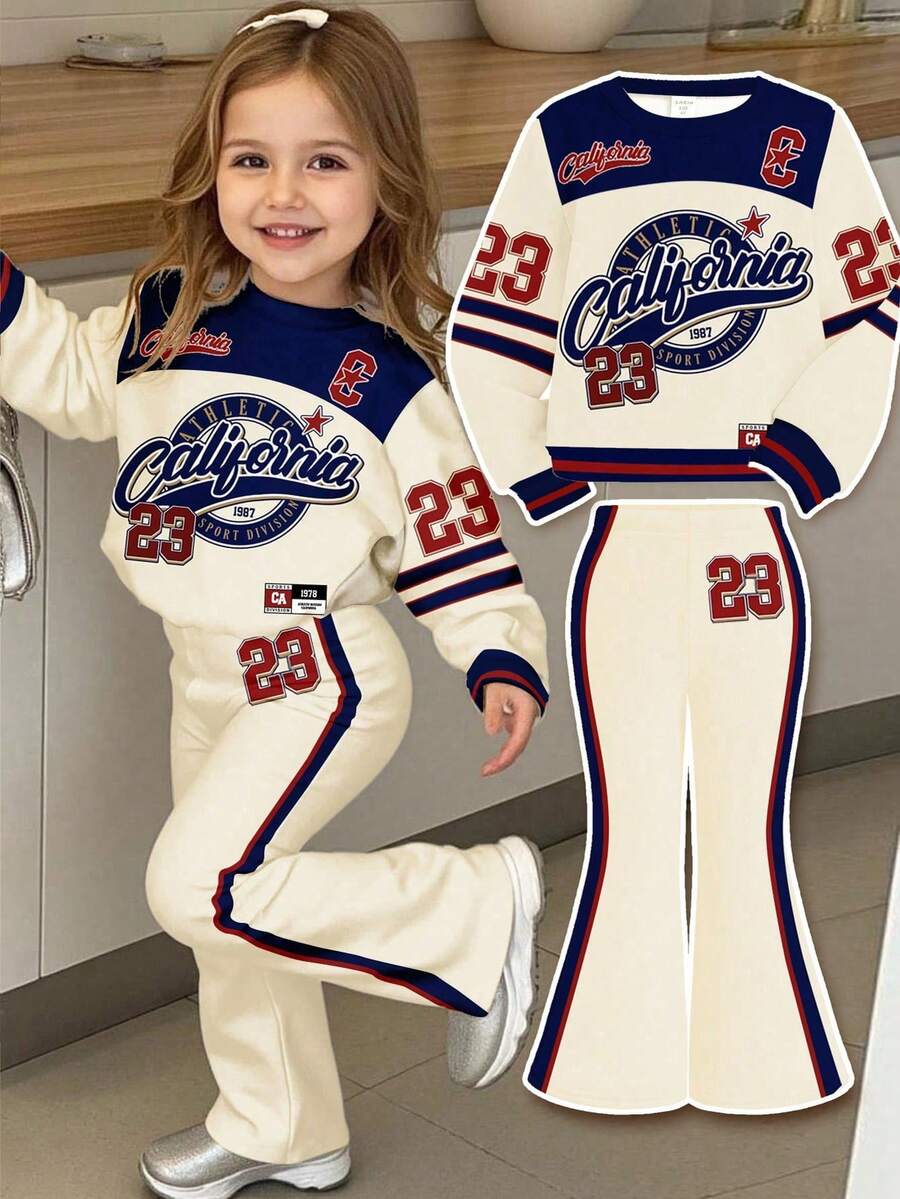 SHEIN 23款复古印花运动套装，女婴休闲简约柔软针织套头衫，适合秋冬季舒适穿着，秋冬外出穿搭，轻松舒适，秋冬叠穿，时尚女婴休闲装，女婴印花上衣，新款，秋季新款，冬季时尚