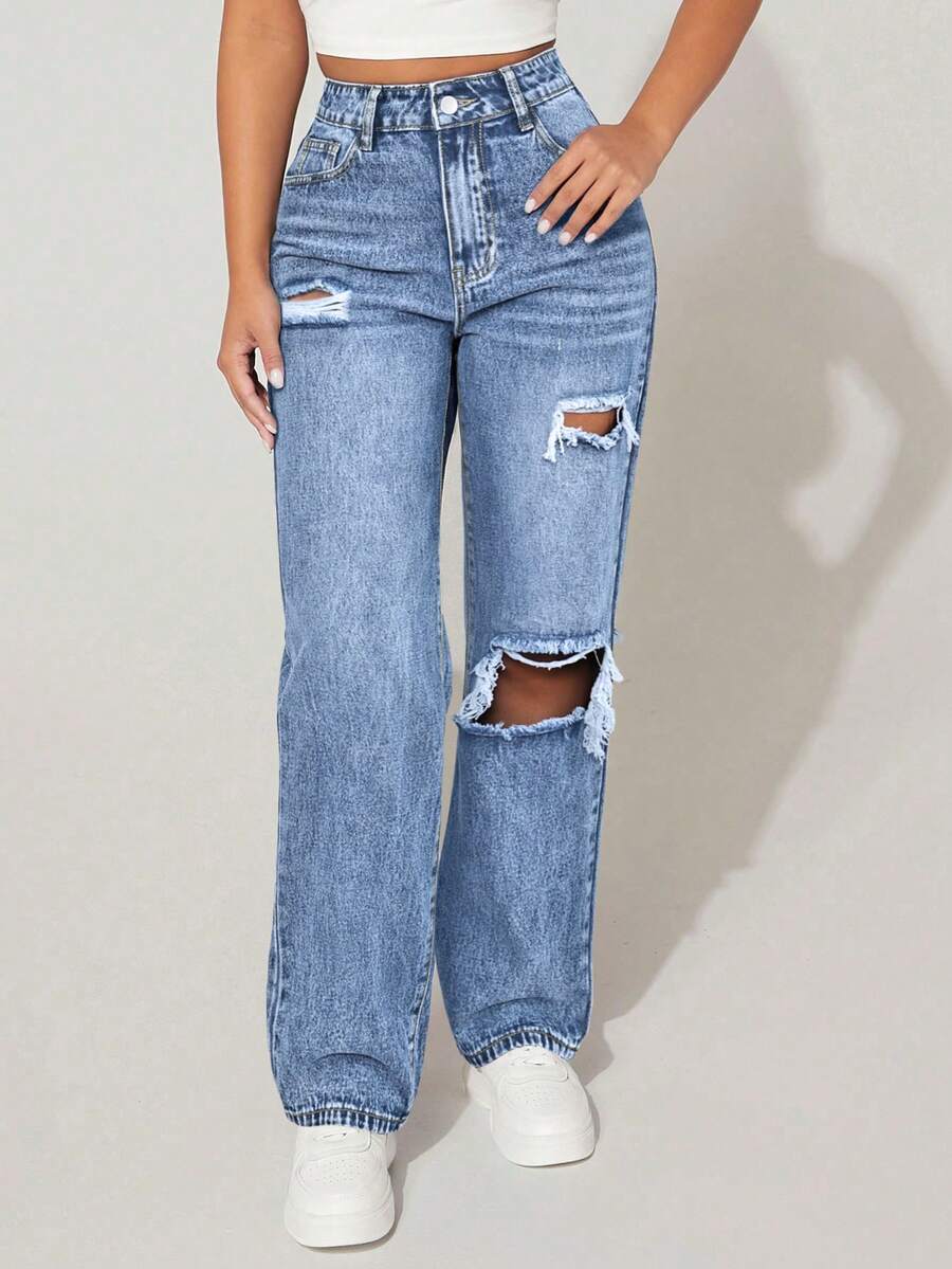 SHEIN PETITE Women's High Waist Pockets Distressed Straight Loose Casual Denim Jeans - Light Wash - View 1