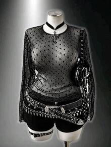 Sunspun Silver Metallic Mesh Polka Dot Flocked Fitted Crew Neck Long Sleeve Plus Size T-Shirt