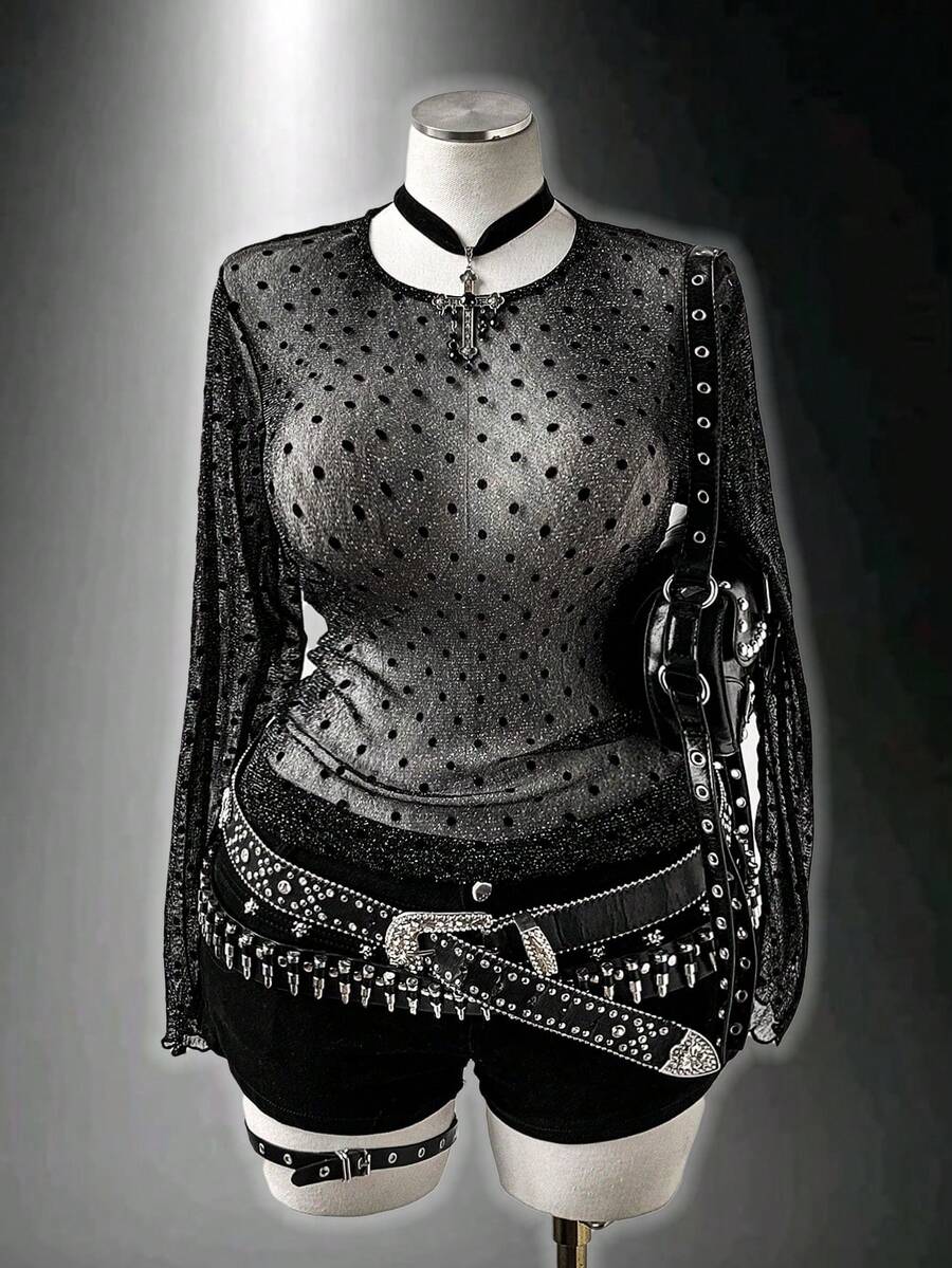 Sunspun Silver Metallic Mesh Polka Dot Flocked Fitted Crew Neck Long Sleeve Plus Size T-Shirt