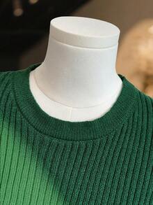 SHEIN Clasi 柔软优雅休闲圆领罗纹喇叭袖针织连衣裙，金属纽扣开衩，秋冬 - 綠色 - 查看 5