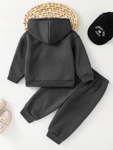 Cozy Pixies 2pcs Baby Boy Minimalist Letter Print Knit Soft Hooded Long Sleeve Pullover Sweatshirt And Elastic Waist Jogger Pants Set - Dark Grey - View 2