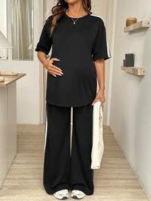 SHEIN 两件套孕妇条纹圆领短袖T恤和可调节腰围休闲裤套装 - 黑色 - 查看 4
