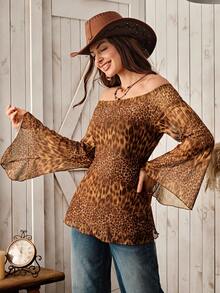 Wildy Casual Leopard Print Flare Sleeve T-Shirt, Basic Everyday Wear For Women, Autumn/Winter - Khaki - View 4
