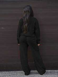 SAYEHFBABY 2 件套纯色圆领长袖毛衣和裤子，休闲针织套装 - 黑色 - 查看 2