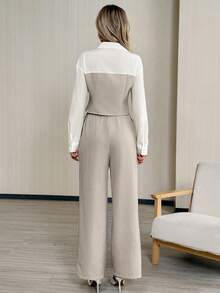 SHEIN LUNE 女士优雅通勤撞色拼布衬衫和裤子两件套 - 杏色 - 查看 2