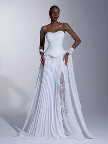 Elitara 优雅奢华蕾丝拼接弹力针织雪纺褶皱性感无肩带高开衩长裙，配有挂脖和垂坠亮片，适合婚礼、派对、蜜月、舞会等场合。 - 米色 - 查看 2