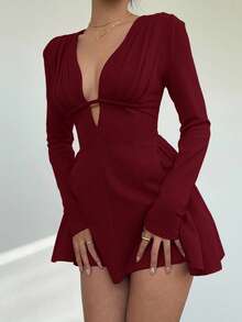Aloruh 女士纯色深V领褶皱设计长袖性感时尚迷你连衣裙 - 紫紅色 - 查看 4