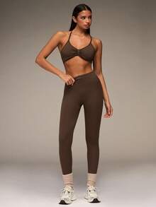 SHEIN BAE Women's Plain Backless Halter-Neck Top And Sports Leggings Set Workout Women Sets - Coffee Brown - View 9