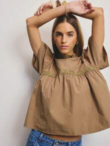 Aralina Damen Lässig Urlaubsstil einfarbige Rüschen Stehkragen Puffärmel Loose Bluse, Sommer