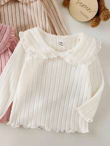 SHEIN 3pcs Baby Girls Elegant Ruffle Collar Striped Long Sleeve T-Shirt, Cute & Fashionable For Home, Outdoor, Vacation, All Seasons - Multicolor - View 3
