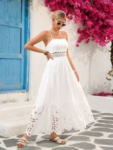 Vivid Eden Spring/Summer Outings And Holiday Date Dresses, Spring/Summer Casual Vacation Dresses With Patchwork Ruffles, A-Line Skirt, Burnout Texture, Women's Long Dresses, Summer Beach Dresses, Back-To-School Outfits, Very Simple Outfits, Women's Country Style, Office Wear, Old Money Style, Teacher's Outfits, Date Outfits, Graduation Season, Spring/Summer Casual Dresses, White Dresses - White - View 4