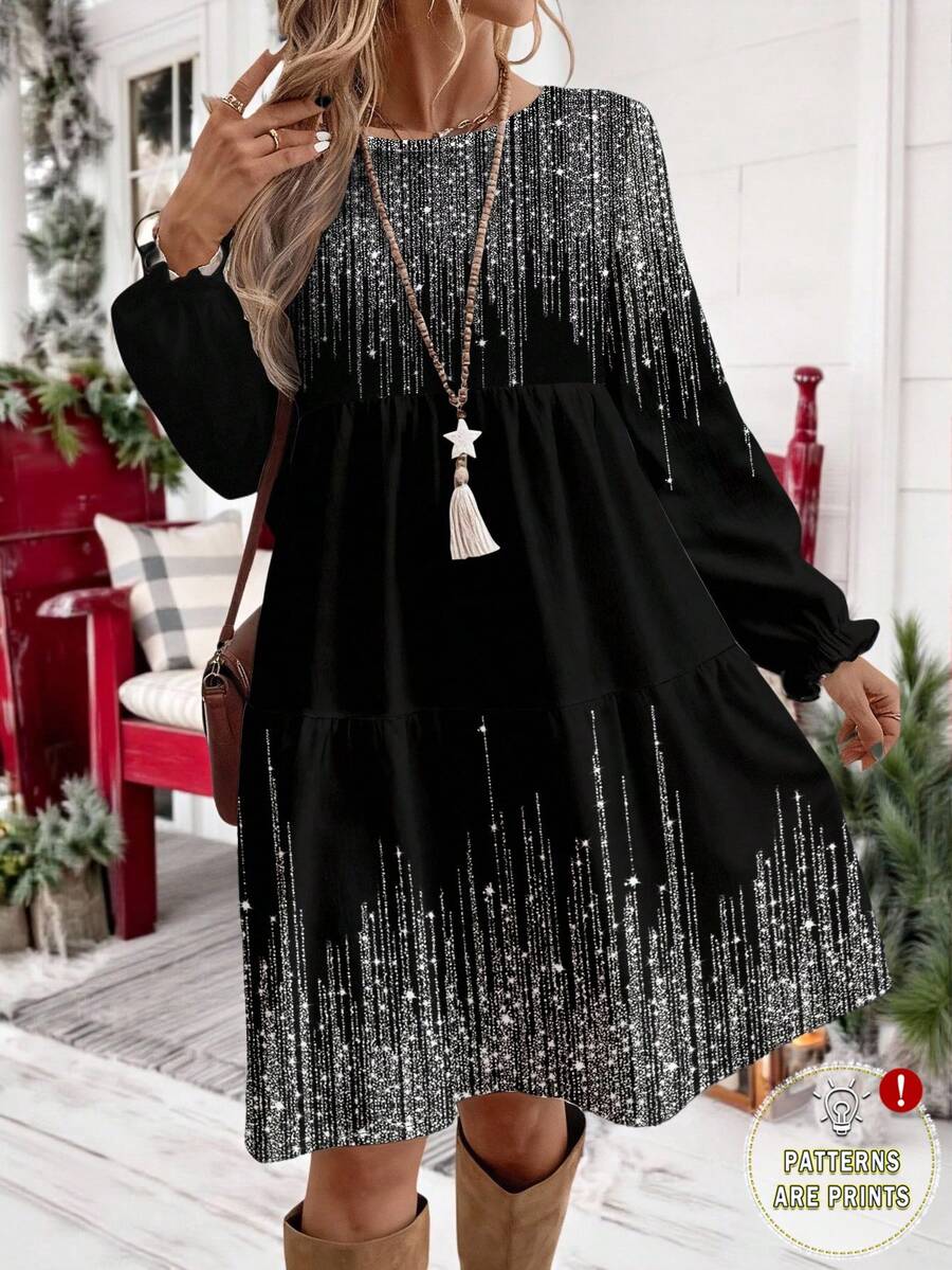 EMERY ROSE Casual Minimalist Ditsy Floral Pattern Loose Fit Round Neck Plus Size Dress, Suitable For New Year Party,Flower/Spring/Summer/Vacation - Multicolor - View 1