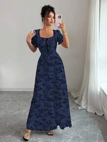 Elenzga 女式复古优雅花卉印花方领 A 字长裙，适合休闲、度假、日常聚会、春夏季 - 彩色 - 查看 3