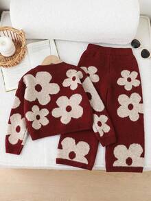 SHEIN Playful Pals Toddler Girls Cute Vintage Style Floral Print Knit Sweater & Loose Pants 2pcs Set,Kids Long Sleeve Flower Sweater Sets,Young Girl Burgundy,Autumn - Redwood - View 2