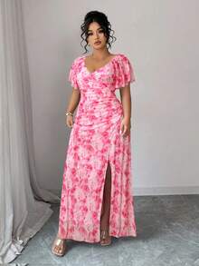 Elenzga Đầm nữ màu hồng in hoa, cổ chữ V, tay bồng, xếp ly, xẻ tà, thích hợp cho ngày Valentine, váy phù dâu thanh lịch cho đám cưới, tiệc tùng, lễ hội, phù hợp cho nhiều dịp khác nhau. - Hồng - Xem 3
