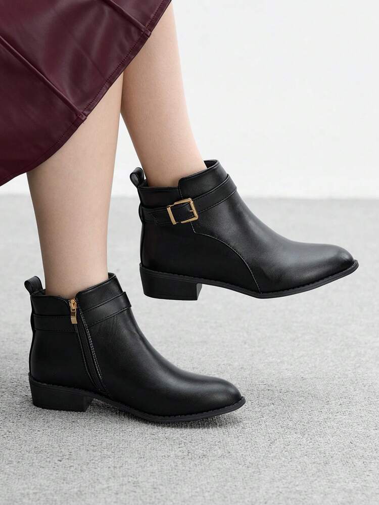 CUCCOO BIZCHIC Women's New Round Toe Anti-Slip Thick Heel Retro Style Ankle Boots, European And American Boots, Black Ankle Boots, Low Heel For Christmas Spring Shoes