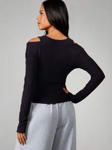 MISSGUIDED Women Double Layer Cold Shoulder Long Sleeve Ribbed Top With Contrast Striped Ties - Dark Grey - View 2