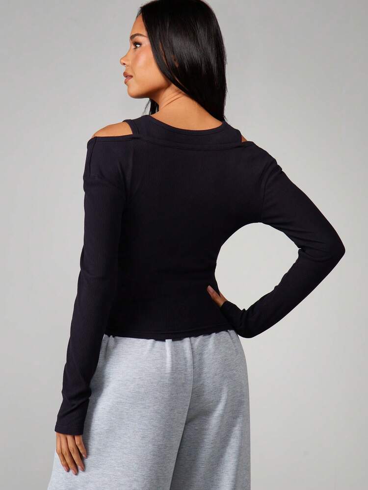 MISSGUIDED Maglietta a maniche lunghe con spalle scoperte e doppio strato, con costine e lacci a righe a contrasto