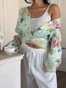 Sunnyshic Plus Size Women Vintage Cute Sweet Pink Rose Floral Print Button Front Puff Sleeve Cardigan, Women's Resort Autumn/Winter Clothing, Suitable For Daily Commute, Indoor/Outdoor Casual Wear, Spring, Summer, Fall, Winter, Spring/Fall, Fall/Winter