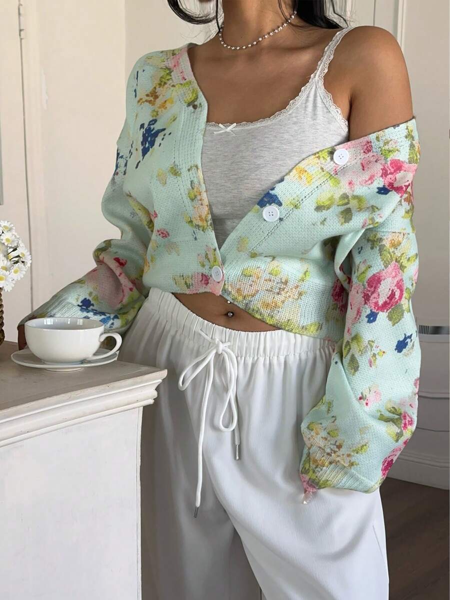 Sunnyshic Plus Size Women Vintage Cute Sweet Pink Rose Floral Print Button Front Puff Sleeve Cardigan, Women's Resort Autumn/Winter Clothing, Suitable For Daily Commute, Indoor/Outdoor Casual Wear, Spring, Summer, Fall, Winter, Spring/Fall, Fall/Winter