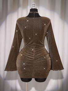 SHEIN ICON Váy dự tiệc mini cổ khoét sâu màu vàng cỡ lớn dành cho nữ - Vàng - Xem 2