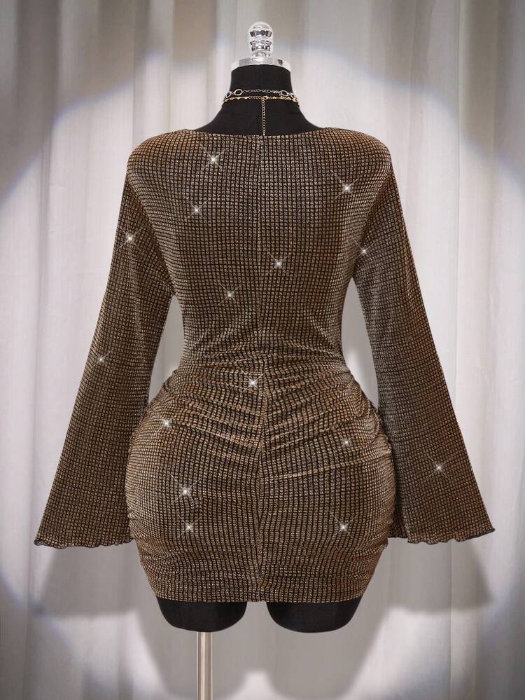 SHEIN ICON Váy dự tiệc mini cổ khoét sâu màu vàng cỡ lớn dành cho nữ - Vàng - Xem 2