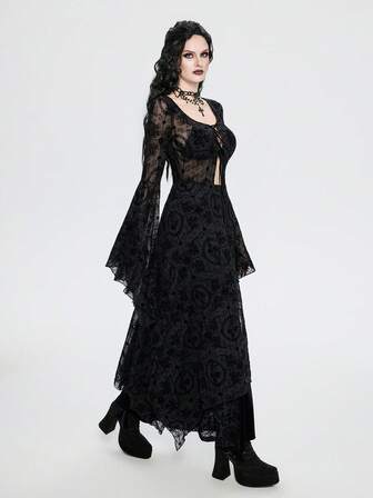 Breakform שמלה גותית עם צווארון עגול, רשת שקופה, תחרה, שרוולים מתרחבים ומכפלת א-סימטרית לנשים