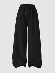 SHEIN 少女宽松休闲纯色基础款春裤，适合日常通勤、休闲、度假、朋友聚会、街拍，四季皆宜。 - 黑色 - 查看 3