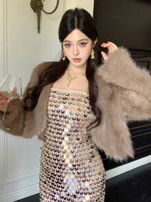 DAZY 女士时尚复古风纯色毛绒短外套，秋冬女式外套 - 灰色 - 查看 6