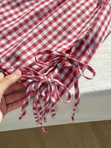 Comfortcana Bộ 2 món áo kẻ caro đỏ trắng mùa hè cỡ lớn thắt nơ 3 chiếc và quần short - Đỏ và trắng - Xem 5