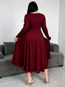 Flirla 女士加大码修身长袖连衣裙 - 酒紅色 - 查看 2