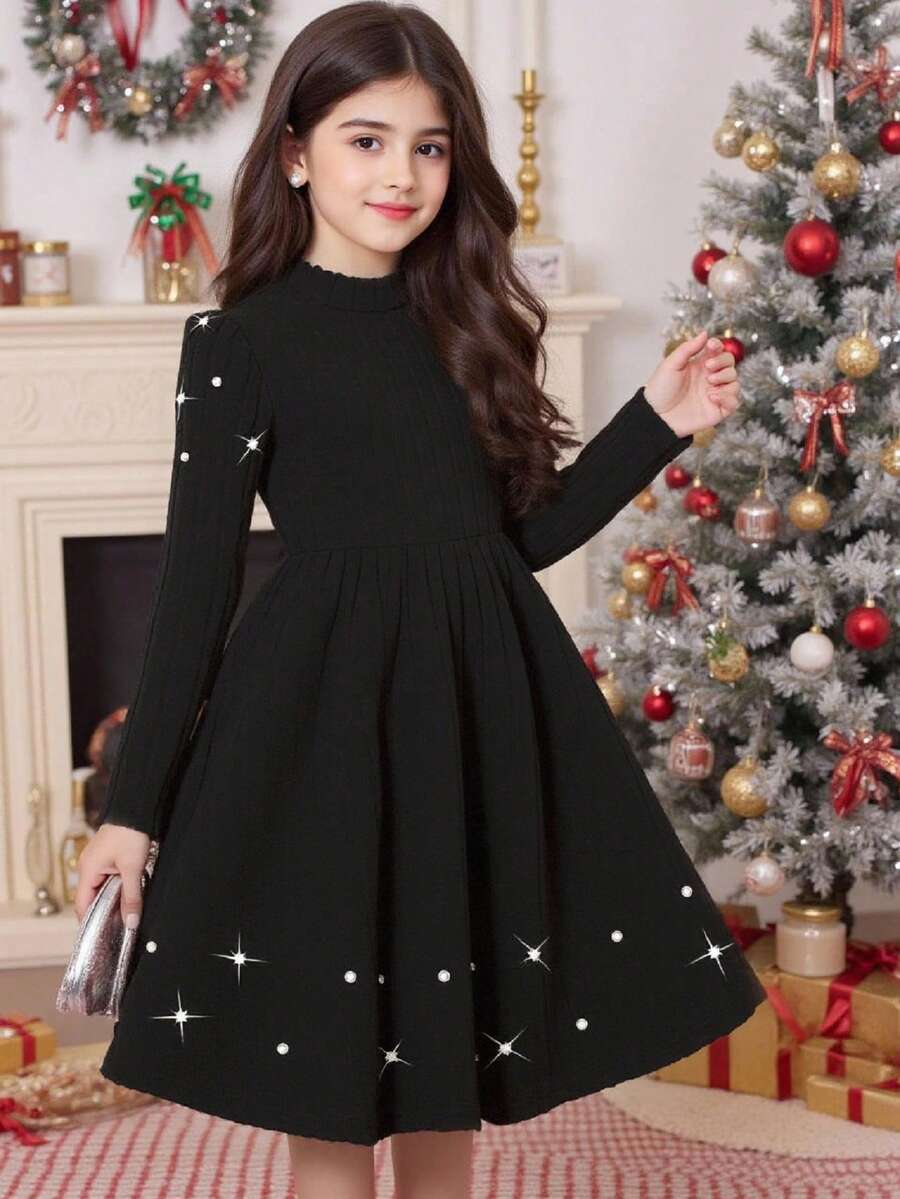 Elladie kids Đầm chữ A thanh lịch, ngọt ngào, cổ cao, tay phồng, đính ngọc trai ở eo, thích hợp cho bé gái tuổi teen, dự tiệc Giáng sinh, Halloween, mặc hàng ngày, mùa xuân/thu/đông. - màu đen - Xem 1