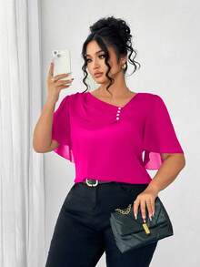 Elenzga Áo cánh tay ngắn thanh lịch cổ bèo nhún bất đối xứng cỡ lớn có nút trang trí - Màu Hồng Tươi - Xem 4