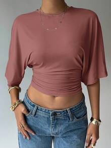 Aloruh 女士休闲纯色短款腰部T恤 - 粉色 - 查看 3