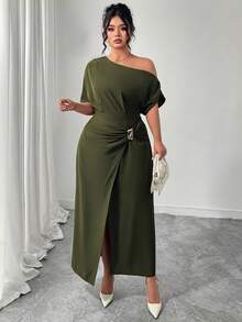 Elenzga Plus Size Women's Solid Color Asymmetric Ruffle Hem Split Elegant Dress, Metal Decor Button - Army Green - View 1