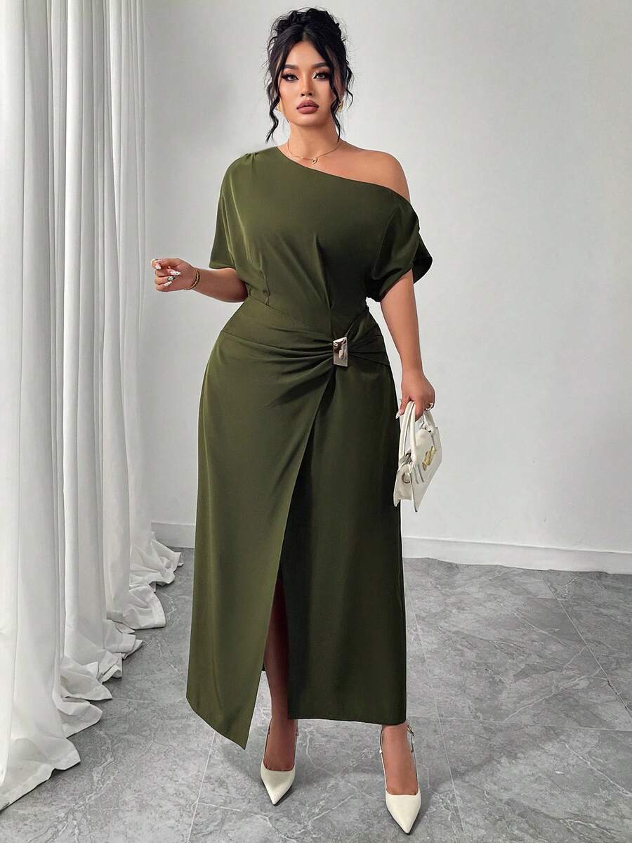 Elenzga Plus Size Women's Solid Color Asymmetric Ruffle Hem Split Elegant Dress, Metal Decor Button - Army Green - View 1