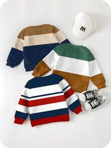 SHEIN 3 件套男婴休闲时尚酷炫经典彩色块字母印花柔软圆领套头衫，校园风格，适合秋冬季