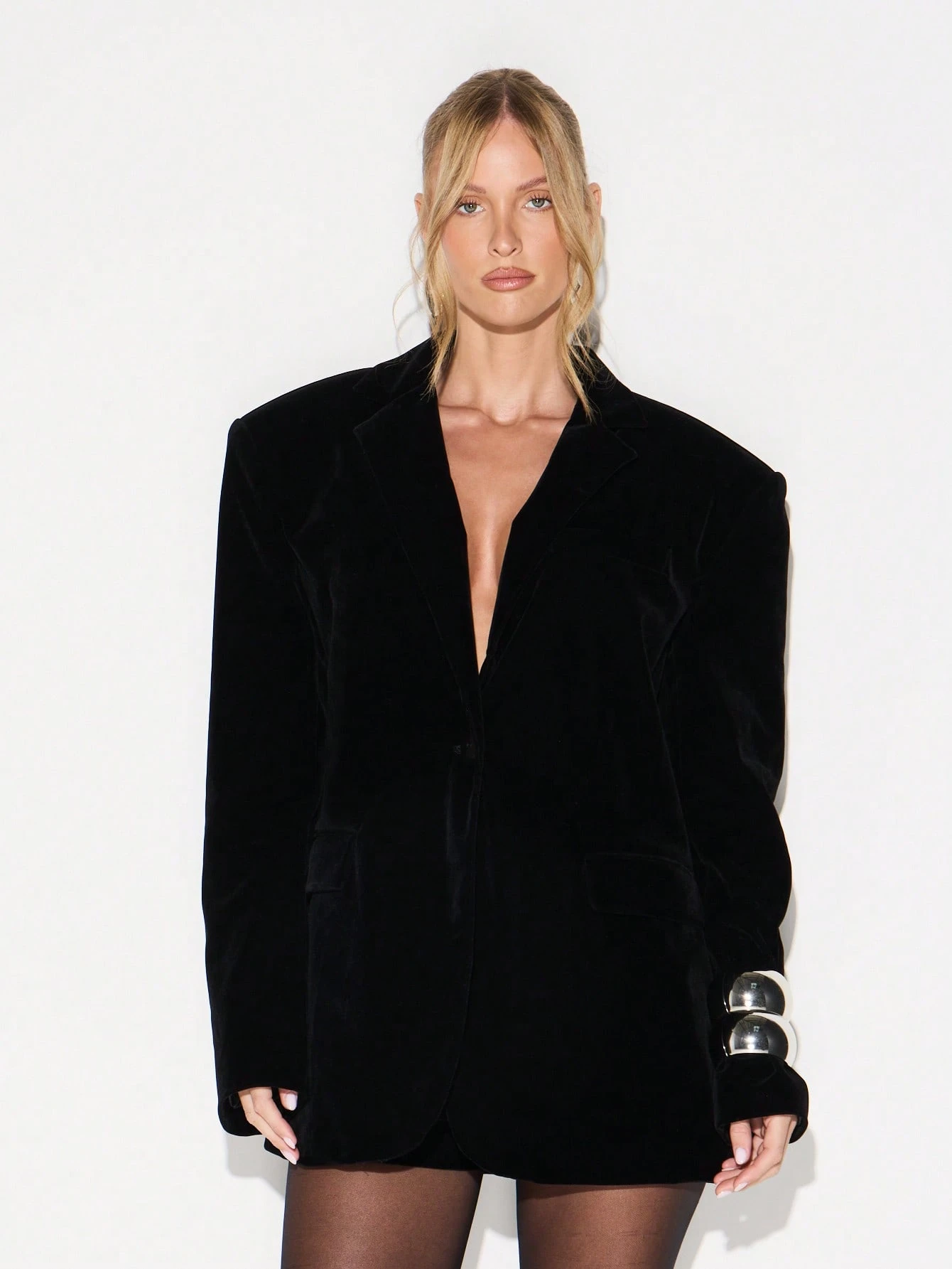 KIZN Oversized Velvet Blazer With Deep V Neck