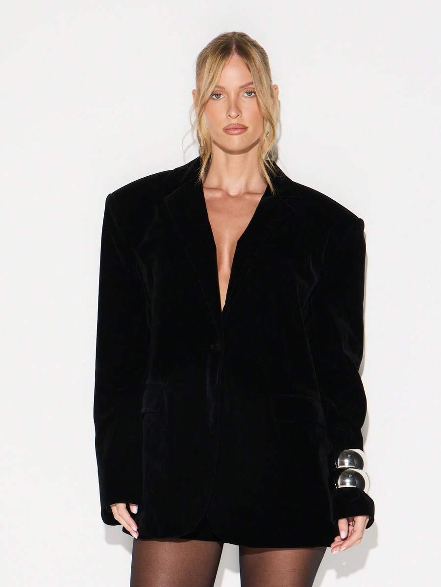 KIZN Oversized Velvet Blazer With Deep V Neck And Button Closure For Evening Occasions - Black - View 1