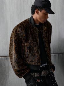 NEON BLANC Men's Leopard Print Long Sleeve Loose Fit Baseball Collar Jacket - Brown - View 4