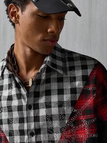 NEON BLANC Men's Summer Fashion Colorblock Plaid Rhinestone Spider Web Print Shirt - Grey - View 5
