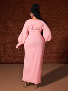 Maweii Đầm suông nữ cổ tròn tay cánh dơi màu trơn cỡ lớn, buộc eo, xẻ tà, ôm sát, thanh lịch - Hồng - Xem 6