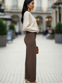 Mujer pantalón casual moderno tejido suave fit holgado cintura elástica pierna ancha primavera-verano uso diario pantalones largos - Marrón claro - Ver 3