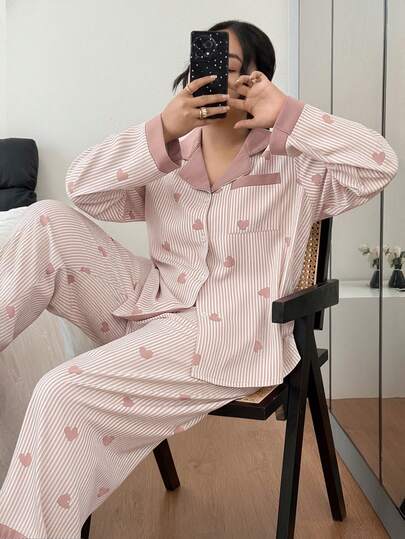 SHEIN 大码撞色领荷叶边爱心条纹长袖修身睡衣套装，女士冬季服装