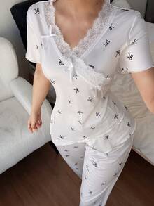 Dream Adore Women's Soft & Comfortable Pajama Set With Lace Trim, Bow Print, And Asymmetrical Design Lingerie Pajamas Set Sleep Wear Women Sets Sleepwear 3 Pieces Summer Sleep Wear Sets Pajamas Set For Woman - Beige - View 4