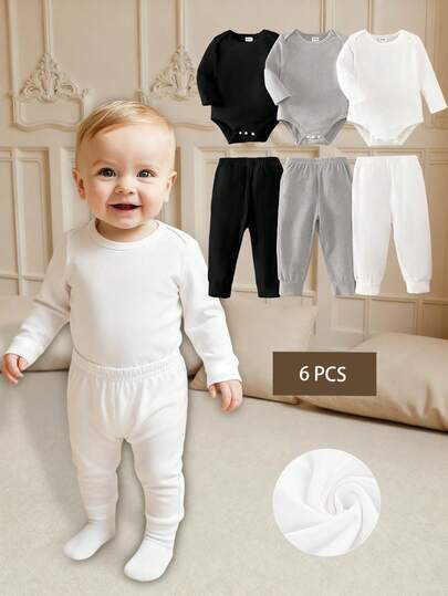 SHEIN 6pcs/Pack Baby Boy Outfit Set, Including 3 Colorful Knitted Long Sleeve Bodysuits And 3 Elastic Waist Pants, Suitable For All Seasons, Daily Wear, Layering For Infants 3-24 Months, Unisex Newborn Rompers Baby Boy Pants Sets Neutral Baby Clothes Baby Casual Sets Baby Unisex Clothes Sets Neutral Baby Clothes Unisex