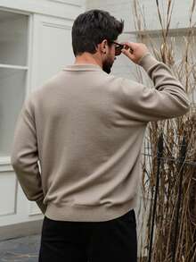 DAZY Sweater Pria Tebal dengan Kerah Patchwork Warna Cokelat, Musim Gugur/Dingin - Unta - View 2