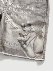 ROMWE MEN Goth Men's Casual Washed Cross & Letter Print Denim Shorts - Light Grey - View 5